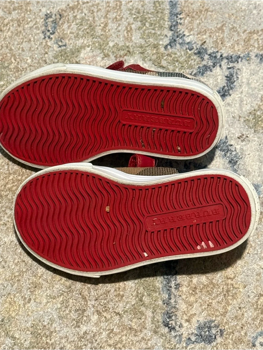 Burberry Red Leather & Tan Canvas Plaid Kids Sneaker with Velcro Straps